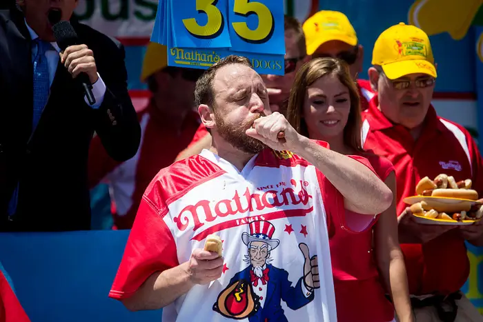 At the <a href="http://gothamist.com/2016/07/04/let_slip_the_hot_dogs_of_war_nathan.php"2016 >Nathan's Hot Dog Eating Contest</a><br>